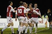 27 August 2004; Robbie Doyle, second from right, St. Patrick's Athletic, celebrates with team-mates after scoring a goal for his side. eircom league, Premier Division, St. Patrick's Athletic v Waterford United, Richmond Park, Dublin. Picture credit; Brian Lawless / SPORTSFILE