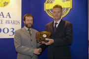 28 August 2004; GAA President Sean Kelly presents the GAA MacNamee Award 2003 for the 'Best Local Radio Programme' to Alan Corcoran of of South East Radio for 'Countown to Croker'. Burlington Hotel, Dublin  Picture credit; Ray McManus / SPORTSFILE