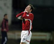 28 August 2004;  Ollie Cahill, Shelbourne, holds his face after a goal attempt went wide during the second half. FAI Cup 3rd Round Replay, Derry City v Shelbourne, Brandywell, Derry. Picture credit; David Maher / SPORTSFILE