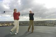 30 August 2004; Hurler DJ Carey and Ireland's up and coming professional golfer Colm Moriarty, left, today teed off from the roof of the Gravity Bar in the Guinness Storehouse to announce details of Budweiser's sponsorship of the 2006 Ryder Cup - Budweiser is 'Official Sponsor' of the 2006 Ryder Cup matches. Guinness Storehouse, Dublin. Picture credit; Pat Murphy / SPORTSFILE