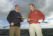 30 August 2004; Hurler DJ Carey and Ireland's up and coming professional golfer Colm Moriarty, right, in conversation before teeing off from the roof of the Gravity Bar in the Guinness Storehouse to announce details of Budweiser's sponsorship of the 2006 Ryder Cup - Budweiser is 'Official Sponsor' of the 2006 Ryder Cup matches. Guinness Storehouse, Dublin. Picture credit; Pat Murphy / SPORTSFILE