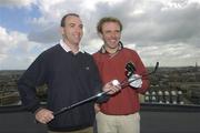 30 August 2004; Hurler DJ Carey and Ireland's up and coming professional golfer Colm Moriarty, right, in jovial mood before teeing off from the roof of the Gravity Bar in the Guinness Storehouse to announce details of Budweiser's sponsorship of the 2006 Ryder Cup - Budweiser is 'Official Sponsor' of the 2006 Ryder Cup matches. Guinness Storehouse, Dublin. Picture credit; Pat Murphy / SPORTSFILE