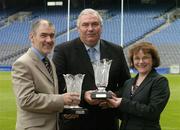 30 August 2004; Mickey Harte, Joe Kernan and Elizabeth Reynolds, Marketing Director, Lucozade Sport, who accepted the Lucozade 'Breakthrough' award in football for their respective counties, Tyrone and Armagh. Clare won the award for hurling. Croke Park, Dublin. Picture credit; Ray McManus / SPORTSFILE