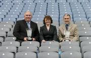 30 August 2004; Elizabeth Reynolds, Marketing Director, Lucozade  Sport, with Mickey Harte and Joe Kernan who accepted the Lucozade 'Breakthrough' award in football for their respective counties, Tyrone and Armagh. Clare won the award for hurling. Croke Park, Dublin. Picture credit; Ray McManus / SPORTSFILE