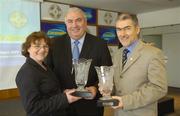 30 August 2004; Elizabeth Reynolds, Marketing Director, Lucozade Sport, with Mickey Harte and Joe Kernan who accepted the Lucozade 'Breakthrough' award in football for their respective counties, Tyrone and Armagh. Clare won the award for hurling. Croke Park, Dublin. Picture credit; Ray McManus / SPORTSFILE