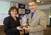 30 August 2004; Elizabeth Reynolds, Marketing Director, Lucozade Sport, and Joe Kiernan who accepted the Lucozade 'Breakthrough' award in football for his respective county, Tyrone. Clare won the award for hurling. Croke Park, Dublin. Picture credit; Ray McManus / SPORTSFILE