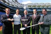 31 August 2004; Cork Hurler Tom Kenny, second from left with Kilkenny hurler Eddie Brennan, second from right with Tom Rock, far left, Chairman organising commitee, Kilmacud Crokes, Eamonn Ryan, centre, AIB branch manager Stillorgan, and Tom Intyre, Chairman Hurling committe Kilmacud Crokes, at the launch of the AIB Kilmacud Crokes All-Ireland Hurling Sevens 2004 in Croke Park, Dublin. Picture credit; David Maher / SPORTSFILE