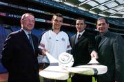 31 August 2004; Cork Hurler Tom Kenny, second from left with Kilkenny hurler Eddie Brennan, second from right with Eamonn Ryan, far left, AIB branch manager Stillorgan, and Tom Intyre, Chairman Hurling committe Kilmacud Crokes, at the launch of the AIB Kilmacud Crokes All-Ireland Hurling Sevens 2004 in Croke Park, Dublin. Picture credit; David Maher / SPORTSFILE