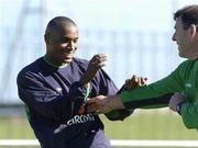 31 August 2004; Clinton Morrison, Republic of Ireland, with goalkeeping coach Packie Bonner during squad training. Malahide FC, Malahide, Co. Dublin. Picture credit; David Maher / SPORTSFILE
