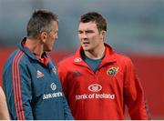 28 September 2013; Munster head coach Rob Penney and captain Peter O'Mahony in conversation before the game. Celtic League 2013/14, Round 4, Munster v Newport Gwent Dragons, Musgrave Park, Cork. Picture credit: Diarmuid Greene / SPORTSFILE