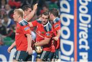 28 September 2013; James Cronin, Munster, is congratulated by team-mates after scoring his side's first try. Celtic League 2013/14, Round 4, Munster v Newport Gwent Dragons, Musgrave Park, Cork. Picture credit: Diarmuid Greene / SPORTSFILE