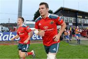 28 September 2013; Munster captain Peter O'Mahony makes his way out for the start of the game alongside team-mate Andrew Conway, left. Celtic League 2013/14, Round 4, Munster v Newport Gwent Dragons, Musgrave Park, Cork. Picture credit: Diarmuid Greene / SPORTSFILE
