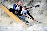 28 September 2013; James Clarke and Jim Mescal, Moy Canoeing Club, competing in the Senior Racing Kayak Double during the 2013 Liffey Descent. Lucan Village, River Liffey, Dublin. Picture credit: Ray Lohan / SPORTSFILE