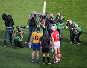28 September 2013; Clare captain Patrick Donnellan and Cork captain Pa Cronin, shake hands after the coin toss. GAA Hurling All-Ireland Senior Championship Final Replay, Cork v Clare, Croke Park, Dublin. Picture credit: Daire Brennan / SPORTSFILE