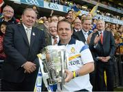 28 September 2013; Clare manager Davy Fitzgerald holds the Liam MacCarthy Cup in the company of the President of Ireland Michael D. Higgins, An Taoiseach Enda Kenny, Uachtarán Chumann Lúthchleas Gael Liam Ó Néill and  Ard Stiúrthoir of the GAA Páraic Duffy after the presentation. GAA Hurling All-Ireland Senior Championship Final Replay, Cork v Clare, Croke Park, Dublin. Picture credit: Ray McManus / SPORTSFILE