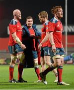 28 September 2013; Munster players, left to right, Paul O'Connell, JJ Hanrahan, Ivan Dineen and Sean Dougall after defeating Newport Gwent Dragons. Celtic League 2013/14, Round 4, Munster v Newport Gwent Dragons, Musgrave Park, Cork. Picture credit: Diarmuid Greene / SPORTSFILE