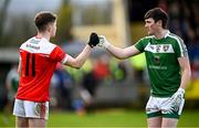 17 November 2024; Declan Kenny of Pádraig Pearses and Keith Keegan of Mohill fist bump before the AIB Connacht GAA Senior Club Football Championship semi-final match between Mohill and Pádraig Pearses at Seán O'Heslin Memorial Park in Ballinamore, Leitrim. Photo by Seb Daly/Sportsfile