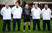 17 November 2024; Referee James Molloy with umpires before the AIB Connacht GAA Senior Club Football Championship semi-final match between Mohill and Pádraig Pearses at Seán O'Heslin Memorial Park in Ballinamore, Leitrim. Photo by Seb Daly/Sportsfile