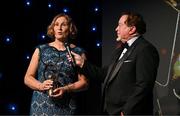 16 November 2024; Former Laois footballer Sue Ramsbottom, who was presented with the Hall of Fame award, is interviewed by MC Marty Morrissey during the TG4 Ladies Football All Stars Awards banquet, in association with Lidl, at the Bonnington Dublin Hotel in Dublin.  Photo by Brendan Moran/Sportsfile