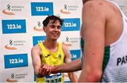 17 November 2024; Jonas Stafford of UCD, Dublin, is congratulated after winning the Boy's U18 race during the 123.ie National Senior, Junior and Juvenile Even Age Cross Country Championships at Castle Irvine Estate in Irvinestown, Fermanagh. Photo by Ramsey Cardy/Sportsfile