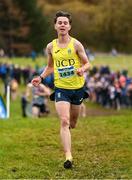 17 November 2024; Jonas Stafford of UCD, Dublin, celebrates winning the Boy's U18 race during the 123.ie National Senior, Junior and Juvenile Even Age Cross Country Championships at Castle Irvine Estate in Irvinestown, Fermanagh. Photo by Ramsey Cardy/Sportsfile
