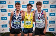 17 November 2024; The Boy's U18 podium, from left, Frank McGrath of Lagan Valley AC, Antrim; Jonas Stafford of UCD, Dublin; and Sean Quinn of Dundrum South Dublin AC, Dublin; during the 123.ie National Senior, Junior and Juvenile Even Age Cross Country Championships at Castle Irvine Estate in Irvinestown, Fermanagh. Photo by Ramsey Cardy/Sportsfile