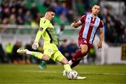 16 November 2024; Bray Wanderers goalkeeper Jimmy Corcoran and Douglas James-Taylor of Drogheda United during the SSE Airtricity Men's Premier Division Promotion / Relegation Play-Off match between Bray Wanderers and Drogheda United at Tallaght Stadium in Dublin. Photo by Ben McShane/Sportsfile