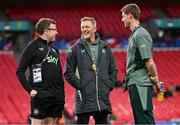 17 November 2024; Republic of Ireland head coach Heimir Hallgrimsson with StatSport analyst Andrew Morrissey and Mark McGuinness before the UEFA Nations League B Group 2 match between England and Republic of Ireland at Wembley Stadium in London, England. Photo by Stephen McCarthy/Sportsfile