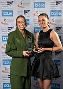 20 November 2024; Olympians Sophie Becker, left, and Kelly McGrory with the Team of the year award on behalf of the Women 4x400m relay team  during the 123.ie National Athletics Awards ceremony at the Crowne Plaza Hotel in Santry, Dublin. A full list of winners from the event can be found at AthleticsIreland.ie Photo by Sam Barnes/Sportsfile