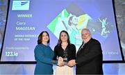 20 November 2024; Middle Distance Athlete of the Year Ciara Mageean, centre, is presented with her award by Athletics Ireland President John Cronin and 123.ie Managing Director Elaine Robinson during the 123.ie National Athletics Awards ceremony at the Crowne Plaza Hotel in Santry, Dublin. A full list of winners from the event can be found at AthleticsIreland.ie Photo by Sam Barnes/Sportsfile