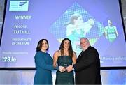 20 November 2024; Field Athlete of the Year Nicola Tuthill, centre, is presented with her award by Athletics Ireland President John Cronin and 123.ie Managing Director Elaine Robinson during the 123.ie National Athletics Awards ceremony at the Crowne Plaza Hotel in Santry, Dublin. A full list of winners from the event can be found at AthleticsIreland.ie Photo by Sam Barnes/Sportsfile