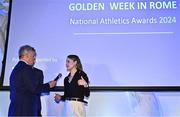 20 November 2024; Middle Distance Athlete of the Year Ciara Mageean is interviewed by MC Greg Allen during the 123.ie National Athletics Awards ceremony at the Crowne Plaza Hotel in Santry, Dublin. A full list of winners from the event can be found at AthleticsIreland.ie Photo by Sam Barnes/Sportsfile