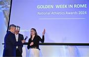 20 November 2024; Middle Distance Athlete of the Year Ciara Mageean is interviewed by MC Greg Allen during the 123.ie National Athletics Awards ceremony at the Crowne Plaza Hotel in Santry, Dublin. A full list of winners from the event can be found at AthleticsIreland.ie Photo by Sam Barnes/Sportsfile