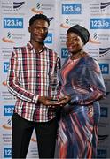 20 November 2024; Adewumi Ademola and Abdullahi Adeleke with the Sprints & Hurdles Athlete of the Year award on behalf of Rhasidat Adeleke during the 123.ie National Athletics Awards ceremony at the Crowne Plaza Hotel in Santry, Dublin. A full list of winners from the event can be found at AthleticsIreland.ie Photo by Sam Barnes/Sportsfile