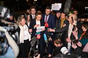22 November 2024; Ms Nikita Ni Laimhin, reads a statement after the court announced the jury’s decision in the civil action case, P Ní Laimhin v McGregor & Anor, in High Court 24 at Chancery Place in Dublin. Photo by David Fitzgerald/Sportsfile