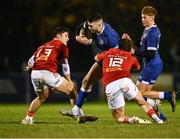 22 November 2024; Harry Byrne of Leinster is tackled by Eoghan Smyth of Munster, 12, during the Interprovincial 'A' rugby match between Leinster and Munster at Terenure RFC in Dublin. Photo by Piaras Ó Mídheach/Sportsfile