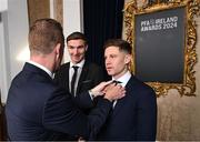 23 November 2024; Shelbourne techincal director Luke Byrne has his tie adjusted by PFA Ireland general secretary Stephen McGuinness at the PFA Ireland Awards 2024 at The College Green Hotel in Dublin. Photo by Stephen McCarthy/Sportsfile