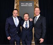23 November 2024; In attendance are, from left, Neil Doyle, MC Darragh Maloney, and PFA Ireland general secretary Stephen McGuinness during the PFA Ireland Awards 2024 at The College Green Hotel in Dublin. Photo by Stephen McCarthy/Sportsfile