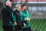 23 November 2024; Caelan Doris of Ireland, right, with Ireland defence coach Simon Easterby, centre, and Ireland forwards coach Paul O'Connell during the Autumn Nations Series match between Ireland and Fiji at the Aviva Stadium in Dublin. Photo by Shauna Clinton/Sportsfile