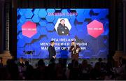 23 November 2024; Shelbourne manager Damien Duff with the PFA Ireland Men's Premier Division Manager of the Year 2024 award in conversation with MC Darragh Maloney during the PFA Ireland Awards 2024 at The College Green Hotel in Dublin. Photo by Stephen McCarthy/Sportsfile