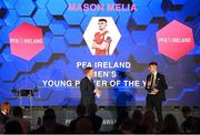 23 November 2024; Mason Melia of St Patrick's Athletic with the PFA Ireland Men’s Young Player of the Year 2024 award in conversation with MC Darragh Maloney the PFA Ireland Awards 2024 at The College Green Hotel in Dublin. Photo by Stephen McCarthy/Sportsfile