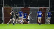 23 November 2024; Jerome Johnston of Kilcoo, 13, scores his side's fourth goal past Scotstown goalkeeper Rory Beggan during the AIB Ulster GAA Senior Club Football Championship semi-final match between Kilcoo and Scotstown at Box-IT Athletic Grounds in Armagh. Photo by Ramsey Cardy/Sportsfile