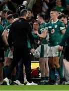 23 November 2024; Ireland head coach Andy Farrell, left, with Sam Prendergast of Ireland after the Autumn Nations Series match between Ireland and Fiji at the Aviva Stadium in Dublin. Photo by Brendan Moran/Sportsfile Photo by Brendan Moran/Sportsfile