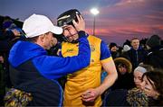 24 November 2024; Donal Burke of Na Fianna celebrates with supporter Tiarnan O Dubhlainn after his side's victory in the AIB Leinster GAA Senior Club Hurling Championship semi-final match between Na Fianna and St Martins at Parnell Park in Dublin. Photo by Sam Barnes/Sportsfile
