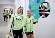 25 November 2024; Megan Connolly, left, and Denise O'Sullivan arrive for a Republic of Ireland women's gym and prehab session at the Sport Ireland Institute on the Sport Ireland Campus in Dublin. Photo by Stephen McCarthy/Sportsfile
