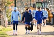 25 November 2024; Players, from left, Harry Byrne, Rabah Slimani and Ross Byrne arrive for Leinster rugby squad training at UCD in Dublin. Photo by Piaras Ó Mídheach/Sportsfile