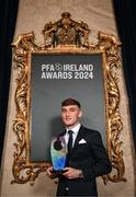 23 November 2024; Mason Melia of St Patrick's Athletic with the PFA Ireland Men’s Young Player of the Year 2024 award during the PFA Ireland Awards 2024 at The College Green Hotel in Dublin. Photo by Stephen McCarthy/Sportsfile