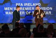 23 November 2024; Shelbourne manager Damien Duff with the PFA Ireland Men's Premier Division Manager of the Year 2024 award is interviewed by MC Darragh Maloney during the PFA Ireland Awards 2024 at The College Green Hotel in Dublin. Photo by Stephen McCarthy/Sportsfile