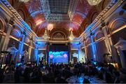 23 November 2024; Fianna Fáil politician and former Minister of State at the Department of Tourism, Culture, Arts, Gaeltacht, Sport and Media and Equality, Thomas Byrne, speaking during the PFA Ireland Awards 2024 at The College Green Hotel in Dublin. Photo by Stephen McCarthy/Sportsfile