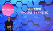 23 November 2024; Fianna Fáil politician and former Minister of State at the Department of Tourism, Culture, Arts, Gaeltacht, Sport and Media and Equality, Thomas Byrne, speaking during the PFA Ireland Awards 2024 at The College Green Hotel in Dublin. Photo by Stephen McCarthy/Sportsfile